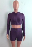 Summer Purple Waffle Long Sleeve Crop Top and Biker Shorts 2PC Set