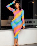 Summer Multicolor Sexy Midi Bodycon Dress with Full Sleeves