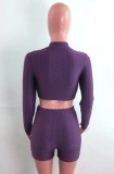 Summer Purple Waffle Long Sleeve Crop Top and Biker Shorts 2PC Set