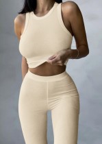 Summer Khaki Ribbed Basic Crop Top and Pants Two-Piece Set