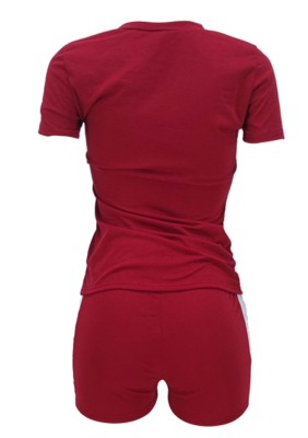 Summer Casual Burgunry Matching Shirt and Shorts 2 Piece Set