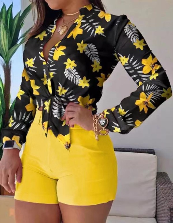 Summer Formal Print Yellow Long Sleeve Blouse and Plain Shorts 2 Piece Set