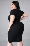 Summer Plus Size Black Ruched Strings Bodycon Dress