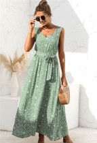 Summer Casual Print Green Sleeveless V-Neck Long Dress