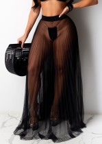 Summer Sexy Black Mesh Pleated Long Skirt