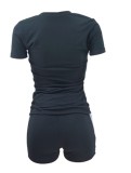 Summer Casual Black Matching Shirt and Shorts 2 Piece Set