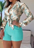 Summer Formal Print Light Green Long Sleeve Blouse and Plain Shorts 2 Piece Set