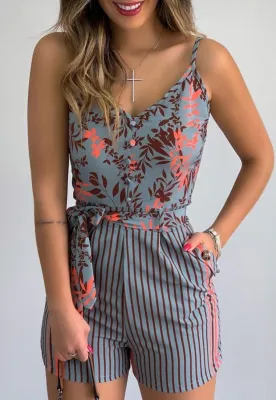 Summer Casual Floral Strap Rompers with Matching Belt