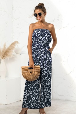 Summer Casual Print Blue Strapless Jumpsuit