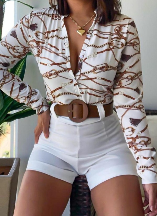 Summer Formal Print White Long Sleeve Blouse and Plain Shorts 2 Piece Set