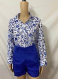 Summer Formal Print Blue Long Sleeve Blouse and Plain Shorts 2 Piece Set