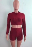 Summer Red Waffle Long Sleeve Crop Top and Biker Shorts 2PC Set