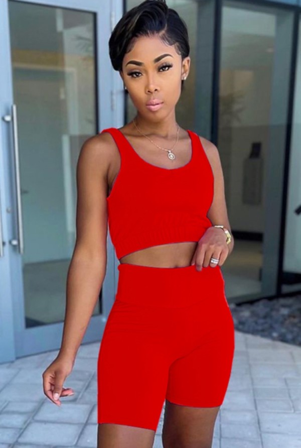 Summer Casual Red Vest and Biker Shorts Two-Piece Set