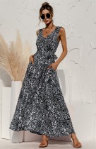 Summer Casual Print Black Sleeveless V-Neck Long Dress