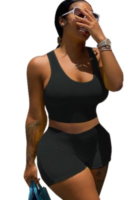 Summer Casual Black Tight Vest and Shorts Matching Set