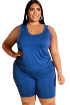 Summer Plus Size Blue Casual Vest and Biker Shorts Matching Set