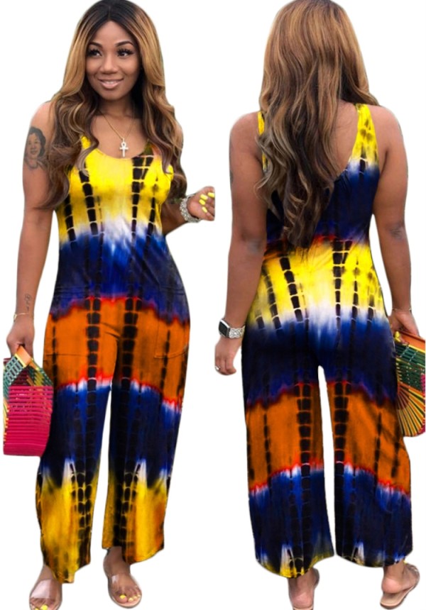 Summer Casual Sleeveless Tie Dye Loose Jumpsuit