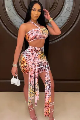 Summer Sexy Leopard Bandeau Crop Top and Mini Skirt Set