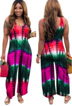 Summer Casual Sleeveless Tie Dye Loose Jumpsuit