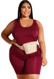 Summer Plus Size Red Casual Vest and Biker Shorts Matching Set