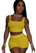 Summer Casual Yellow Vest and Biker Shorts 2 Piece Set