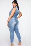 Summer Casual Blue Sleeveless Tight Denim Jumpsuit with Pockets