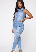 Summer Casual Blue Sleeveless Tight Denim Jumpsuit with Pockets