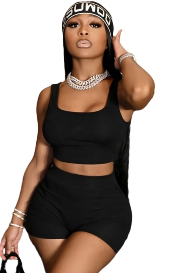 Summer Casual Black Vest and Biker Shorts 2 Piece Set