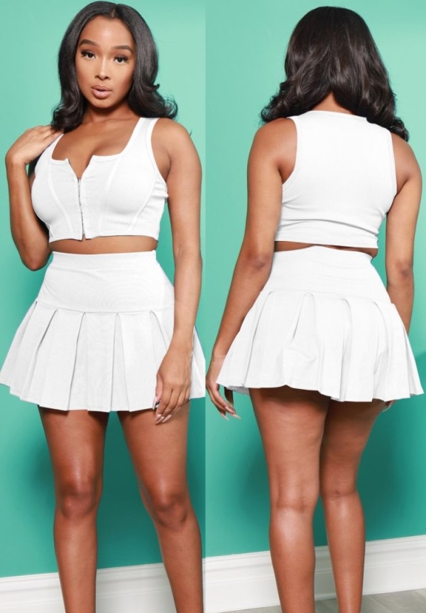 Summer Sports White Zipper Vest and Pleated Skirt Set