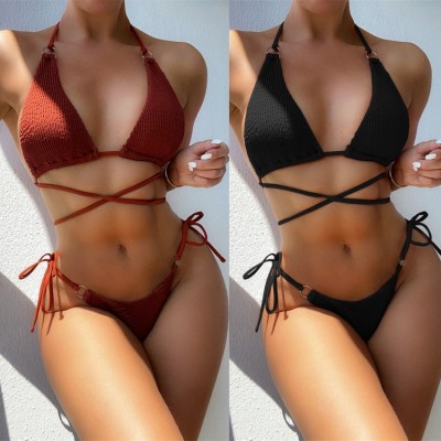 Summer Two-Piece Black Strings Halter Swimwear