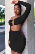 Summer Black Sexy Hollow Out Strapless Crop Top and Mini Skirt Set
