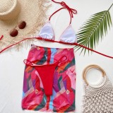 Summer Print Red Three-Piece Halter Swimwear