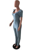 Summer Light Blue Sexy Fit Zipper Jumpsuit with Puff Sleeves