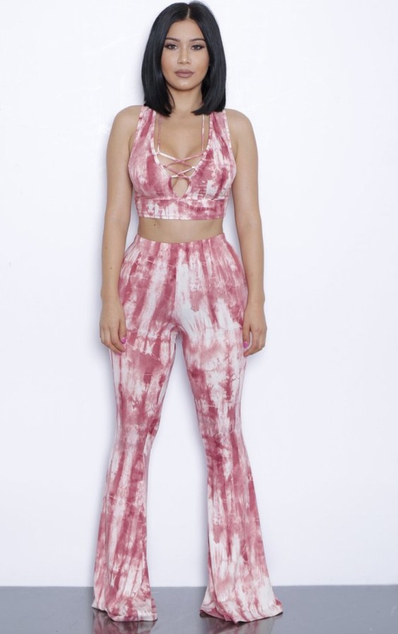 Summer Tie Dye Pink Lace-Up Crop Top and Pants Set