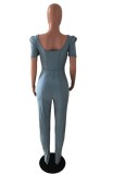 Summer Light Blue Sexy Fit Zipper Jumpsuit with Puff Sleeves
