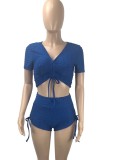 Summer Sexy Blue Waffle Strings Crop Top and Shorts 2 Piece Set