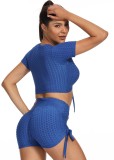 Summer Sexy Blue Waffle Strings Crop Top and Shorts 2 Piece Set