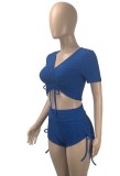 Summer Sexy Blue Waffle Strings Crop Top and Shorts 2 Piece Set
