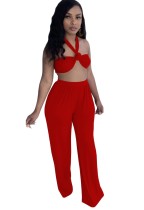 Summer Red Sexy Halter Crop Top and Loose Pants 2PC Set