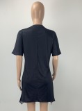 Summer Print Black O-Neck Irregular Long Shirt