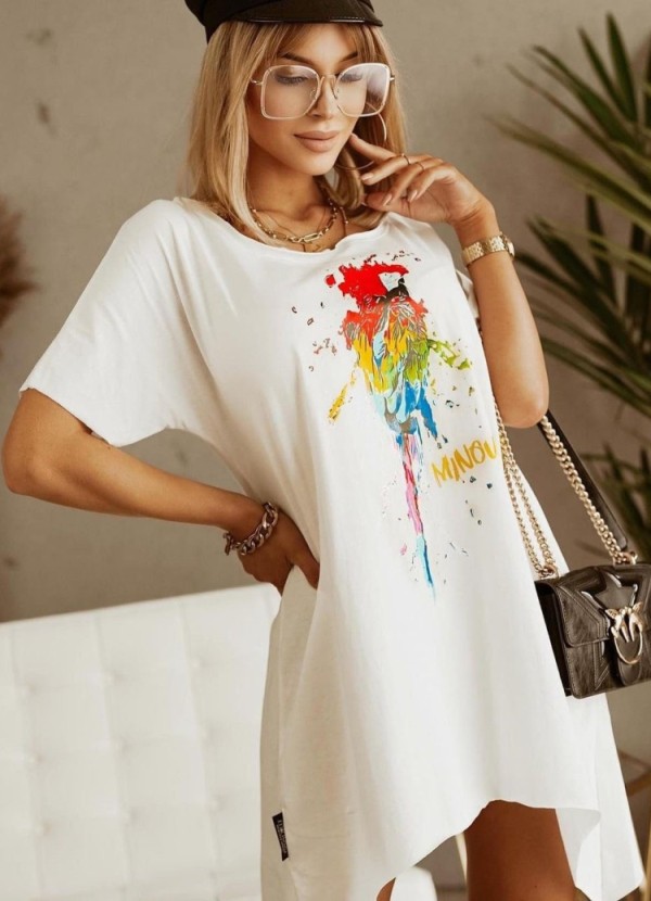 Summer Print White O-Neck Irregular Long Shirt