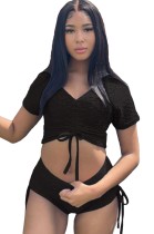 Summer Sexy Black Waffle Strings Crop Top and Shorts 2 Piece Set