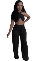 Summer Black Sexy Halter Crop Top and Loose Pants 2PC Set