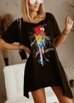 Summer Print Black O-Neck Irregular Long Shirt