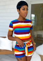 Summer Casual Rainbow Crop Top and Shorts 2 Piece Set