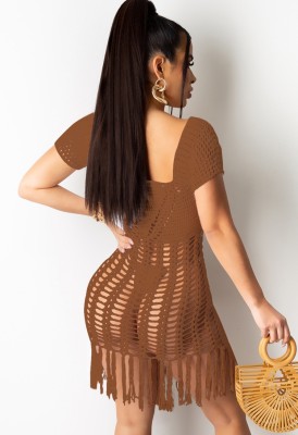Summer Brown Crochet Fringe Dress Cover-Up
