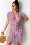 Summer Purple Crochet Fringe Dress Cover-Up