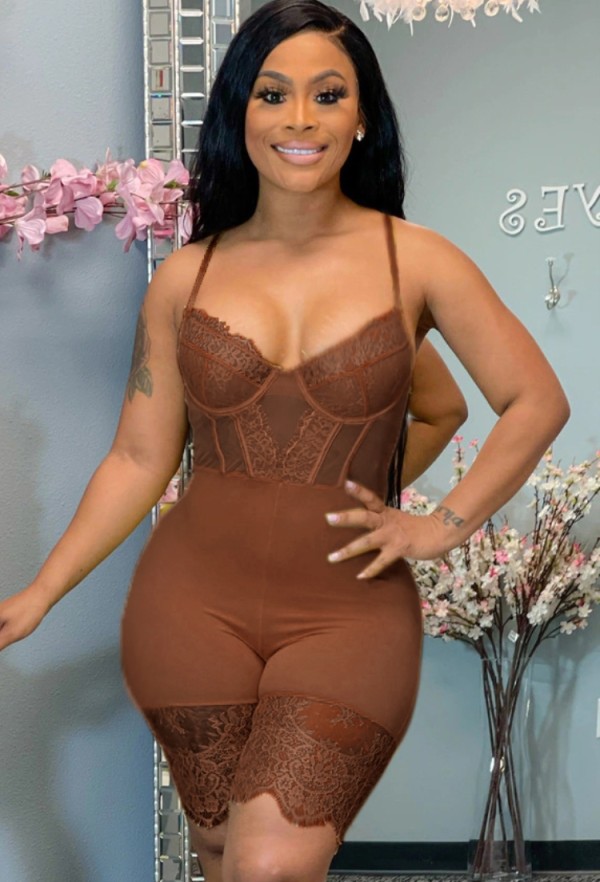 Summer Brown Sexy Lace Patch Strap Bodycon Rompers