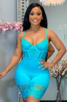 Summer Blue Sexy Lace Patch Strap Bodycon Rompers