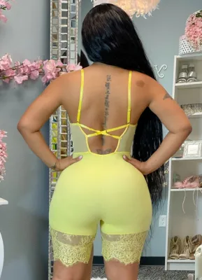 Summer Yellow Sexy Lace Patch Strap Bodycon Rompers